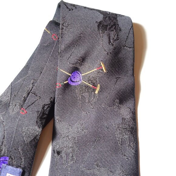Vtg Ralph Lauren Embroidered Black On Black Equestrian Polo Player Tie Made Hand - Picture 11 of 11